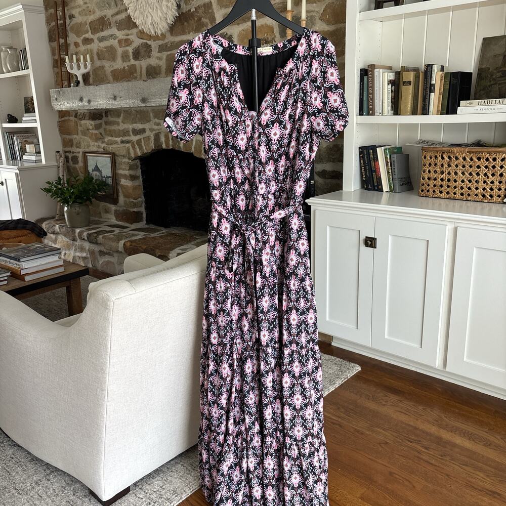 Wayward Fancies eShakti Maxi Dress Small Pink Black Damask Floral V-Neck Belt